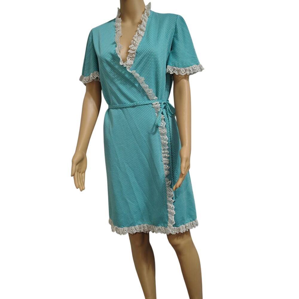 70s Aqua/teal Polka Dot Robe Retro Loungewear Crossover Wrap Front Tie Size Sm